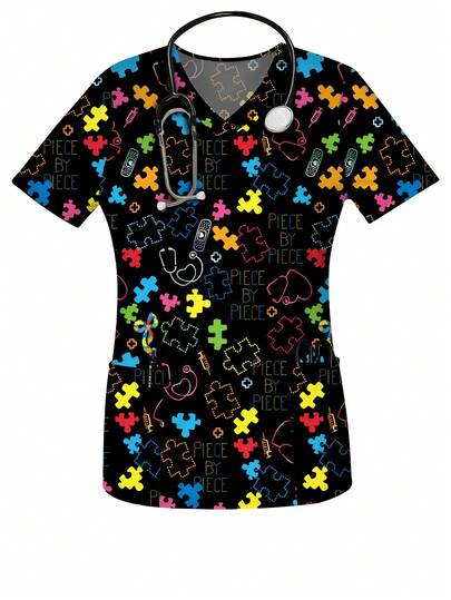 Women's Heart & Puzzle Print Spring & Summer V-Neck Scrub Short Sleeve Nurse Uniform Tops With Pockets For Women