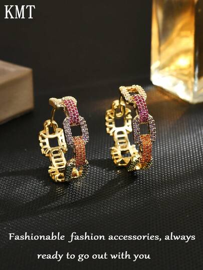 KMT 2 peças de corrente geométrica de zircônia e cobre, design criativo luxuoso, brincos de argola femininos, caixa de presente, adequados para o Dia dos Namorados, encontros diários, eventos de festa