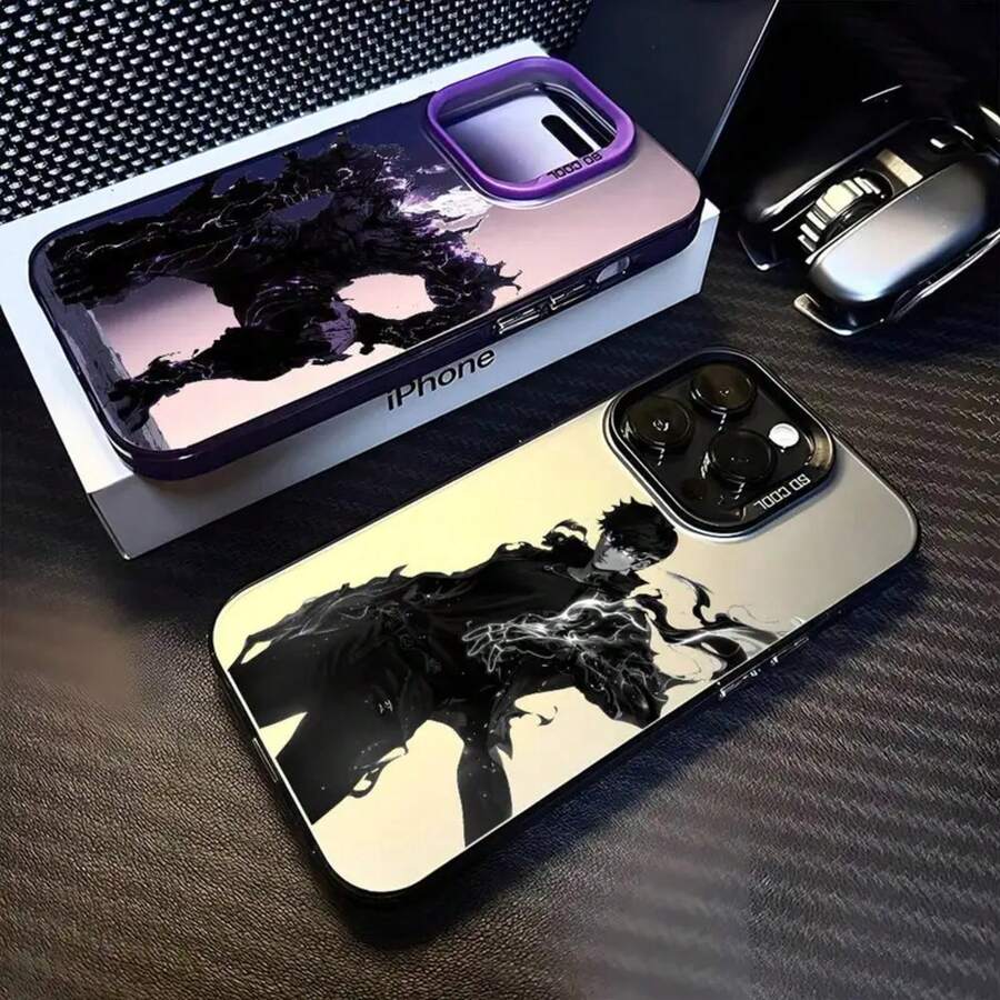 Custodia protettiva opaca nera antiurto per iPhone 16, 15, 14, 13, 12, 11, Mini, Pro, MAX con motivo dell''anime S-Solos Leveling