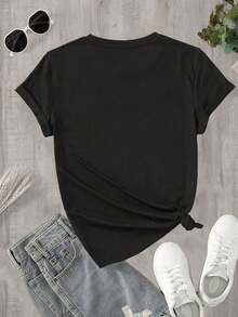 Women's Soft 100% Cotton Yoga Graphic Tee - Short Sleeve, Black With White Yoga Pose Print, Casual Graphic Tees; Comfortable Activewear For Spring/Summer, Summer Tshirt | Artistic Print Top | Relaxed Fit Top - Black - View 4