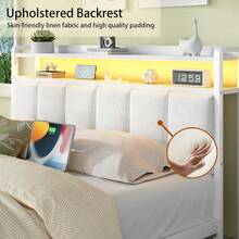 LED Bed Frame With Charging Station, Upholstered Platform Bed Frame With Storage Headboard, Modern Bed Frame With Heavy Duty Metal Slats Support, No Box Spring Needed, Easy Assembly, Black/ White/ Beige, Twin/ Full/ Queen/ King - 白色 - 查看 4