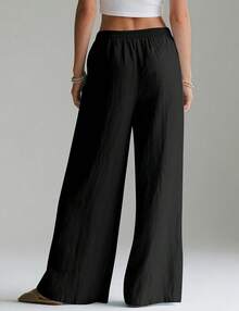 Linen Pants Women Wide Leg Palazzo Summer Flowy Beach Vacation Elastic Waist Travel Trousers With Pockets DSEF - 藏蓝色 - 查看 7