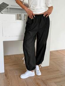 Fisoew Womens Wide Leg Track Pants Casual Elastic Waist Bow Tie Y2K Baggy Sweatpants With Pockets - 黑色 - 查看 4