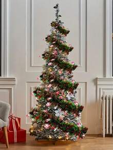 1 Set Christmas Tinsel Garland, Red And Green Metallic Twist Decorative Ribbon With Shiny Ornaments, Plastic Christmas Tree And Party Supplies, Indoor And Outdoor Holiday Decor, No Power Needed, Halloween Decoration - Multicolor - View 7