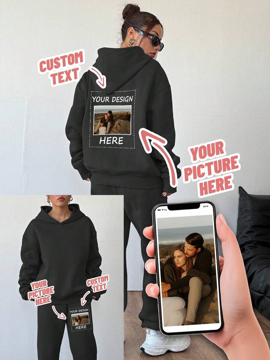 Custom Print Women'S Hooded Tracksuit Set - Stylish Pocket Sweatshirt , Casual WearActive Wear|Hooded Tracksuit - Black - View 1