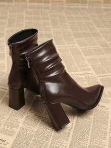 2025春秋新款高品质时尚优雅女士踝靴，春秋/秋冬粗跟高跟鞋 - 酒紅色 - 查看 5