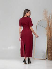vestido longo de manga curto Com cinto Formal e Noturno V775 - Vinho - Visão 4