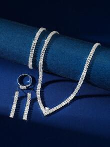 Bộ trang sức cưới cô dâu lấp lánh Zirconia sang trọng 5 món/bộ, bao gồm vòng cổ, hoa tai, vòng tay, nhẫn và phụ kiện tóc, trang trí tiệc tùng và lễ hội thời trang cho phụ nữ - Bạc - Xem 2