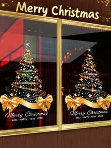1 Stück Goldener Weihnachtsbaum Fensteraufkleber, Weihnachtsbaum und Fröhliche Weihnachten Muster Aufkleber, geeignet für Weihnachts-Schlafzimmer, Wohnzimmer, Badezimmer Dekoration, kann als Geschenkdekoration, Wandaufkleber, Fensterglasaufkleber verwendet werden, sehr geeignet für Weihnachtsfeiern, Innen- und Außendekoration Zuhause, Fensterdekoration, Feiertags- oder Saisondekoration
