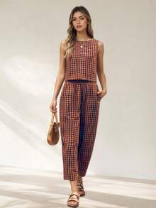 Women Plaid Woven Fabric Two-Piece Outfit Sleeveless Cropped Tee And Loose Pants Set Casual Cute - Đỏ - Xem 6