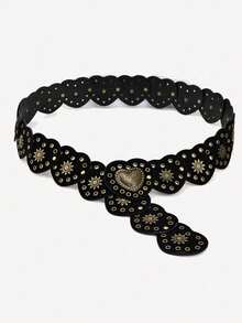 1 件西部牛仔波西米亚乡村风格腰带，朋克拼接皮革腰带配镂空花卉扣，黑色心形装饰腰带，适合日常通勤、郊游、聚会、节日派对、圣诞派对、送给自己、朋友、家人、女朋友、母亲、情人节的礼物 - 黑色圓餅愛心 - 查看 2