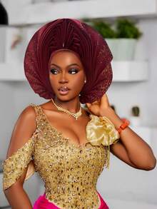 Nigerian Headwear Aso Oke Headband, Women's Wrapped Rhinestone, African Headscarf Hat, Auto Gele Headband, Handmade Fashionable Headwear, Suitable For Weddings, Parties, And Other Festivals - Multicolor - View 4