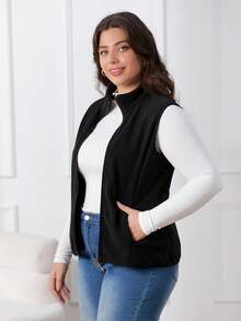 1件加大码女式户外抓绒背心，隐形拉链设计，修身抓绒外套，保暖外衣，加大码女式休闲运动夹克背心黑色 - 黑色 - 查看 4