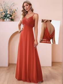 EVERPRETTY 优雅雪纺吊带露背橘色伴娘礼服，适合婚礼、派对、半正式场合、新年等场合。