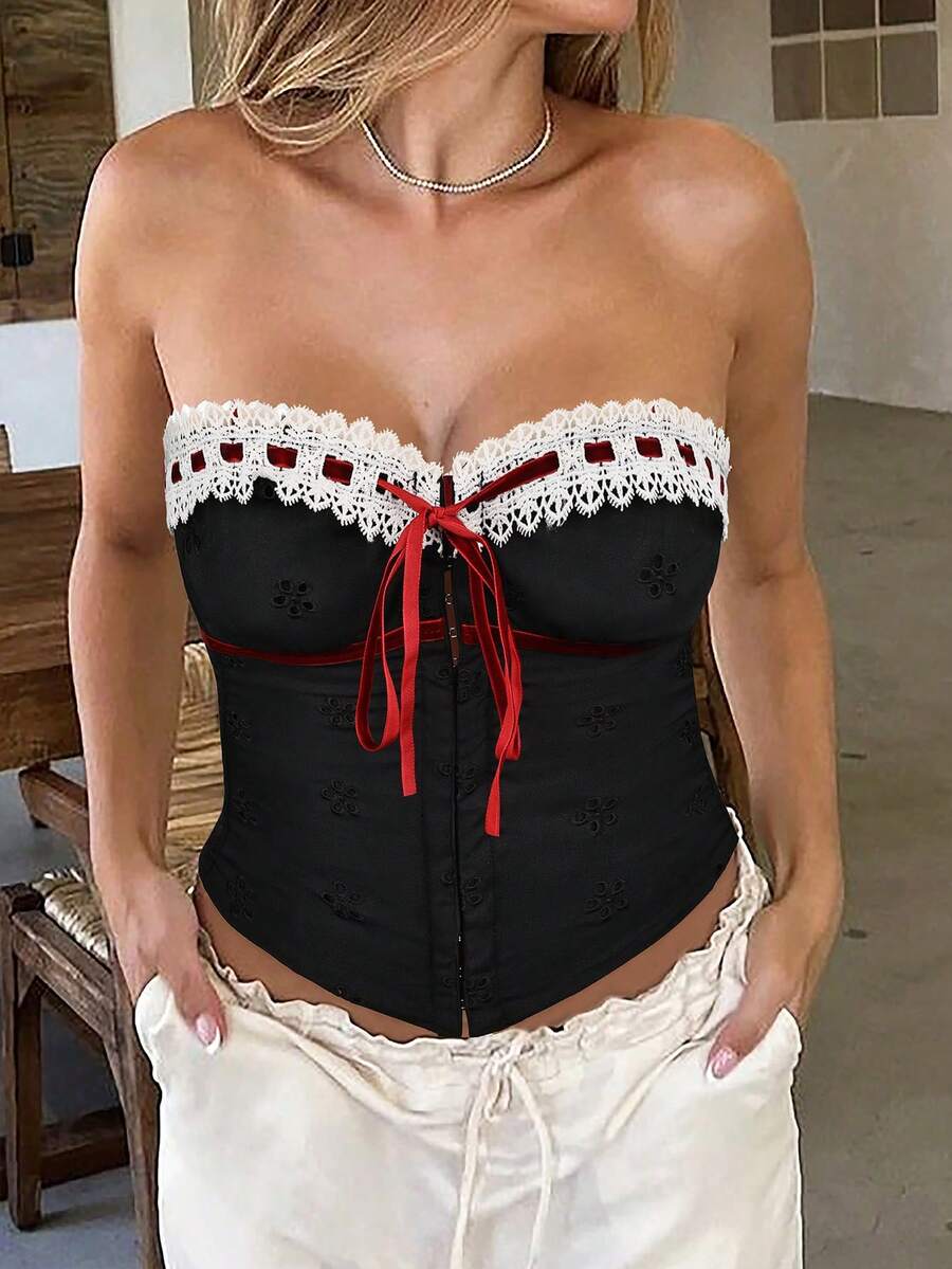 Yuwenier Sexy Ballet Style Metal Eyelet Embroidered Floral Lace Trim Contrast Satin Bow Bustier Crop Top - Red - View 1