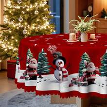 1 pieza Mantel de Navidad - Diseño de Papá Noel, Muñeco de Nieve, Árbol de Navidad sobre fondo rojo con decoración de copos de nieve - Tela de poliéster - Se adapta a mesas rectangulares, redondas y de comedor - Decoración de fiesta, hogar y restaurante de invierno - Fácil de limpiar decoración navideña