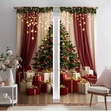 2PCS Festive Christmas Curtains With Tree And Gift Design - Translucent Privacy Curtains, Rod Bags For Easy Installation, Suitable For Bedroom, Living Room, Kitchen, Bathroom - Elegant Home Windows, Living Room Curtains | Festive Curtains | Translucent Materials, Living Room Christmas Curtains, Suitable For Halloween And Christmas