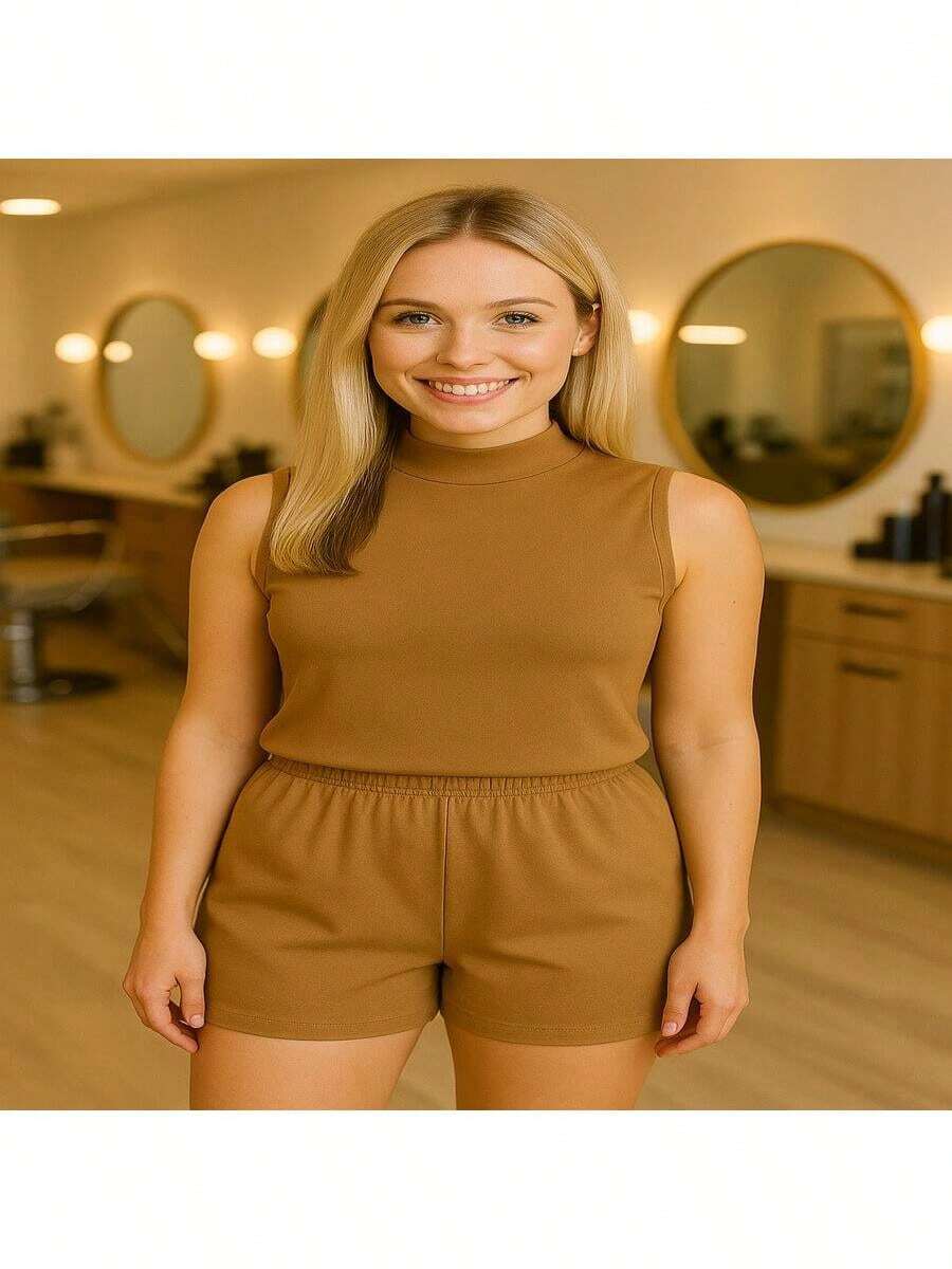 Conjunto Estiloso Luiza – Blusinha com Detalhes + Shorts Feminino Cintura Alta - Marrom - Visão 1