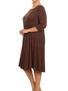 Plus Size Casual 3/4 Sleeves Basic A-Line Pleated Solid Midi Dress  Wedding - Brown - View 2