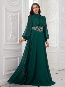 UNITHORSE 女士立领灯笼袖雪纺腰部亮片装饰修身长款晚礼服、伴娘礼服、婚纱、毕业礼服、正式派对礼服 春季 - 墨綠色 - 查看 4