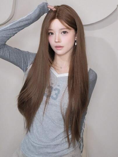 alicegarden Lockig peruk med pannspets, halvhårig modell, brun lång rullad peruk, 9 meter lång, naturlig och realistisk peruk för dagligt bruk