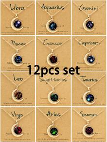 1/12pcs 12 Zodiac Glow-In-The-Dark Moon Pendant Necklace, Fashionable Personalized Constellation Card Necklace
