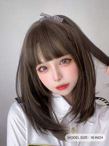 alicegarden 1 款合成耐热直发假发，带刘海，16 英寸长短直发假发，由纤维制成，时尚假发，自然逼真的假发 - 棕色 - 查看 4