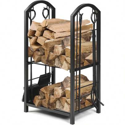 Firewood Log Rack With 4 Pcs Fireplace Tools, Wrought Iron Storage Logs Holder With Poker, Tong, Brush And Shovel, Indoor Outdoor Wood Storage Stacking Stand (Black)