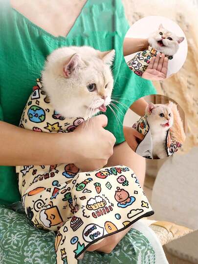 1件装猫咪裹布，超酷超方便通用魔术布，猫咪美容固定裹布，柔软宠物保护套，防抓、防咬，化妆品收纳袋，宠物药品收纳袋，猫咪洗澡袋，修剪指甲，喂药，刷牙，清洁耳朵，剃爪子，魔术布，多用途粘性布，旅行必备，便携式自粘布，可爱卡通图案，多功能收纳布。