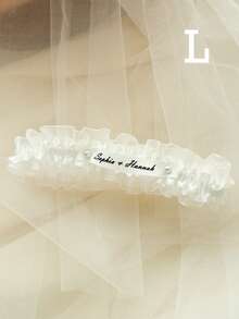 Satin Lace Wedding Garter, Customizable Name Date Letter Embroidery, Faux Pearl Double Layer Adjustable Plus Size Garter, Wedding Keepsake - Multicolor - View 24