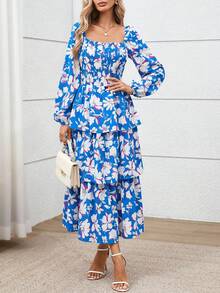 Women's Fall Floral Maxi Dresses Casual Long Sleeve Square Neck Flowy Tiered Layer Ruffle Boho Dress Vacation Holiday Wedding Guest Cocktail Outfits Clothes - 藍色白色花 - 查看 4