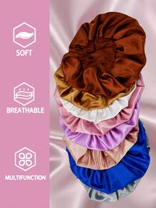10Piece Women's Solid Color Elastic Brim Bonnets - Solid-Color Sleek Satin Fabric For Casual Comfort, Sleep, And Hair Protection. - Multicolor-solid Color-10pcs - View 5