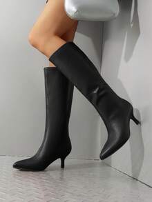 Women's Knee High Kitten Heel Boots Solid Color Sexy Pointed Toe Fashion Party Festival Long Tall Boots For  Autumn/Winter - 黑PU - 查看 2