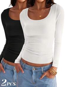 VVX 2 Piece Women's Scoop Neck Long Sleeve Shirts Ribbed Slim Fitted Casual Basic Top Blouses - 黑色/米白 - 查看 1