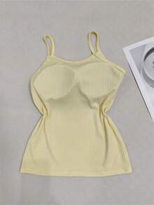 Women's Thin Strap Ribbed Tank Top With Padded Cup - Light Yellow - View 2