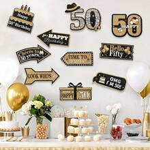 10pcs 50th Birthday Party Supplies - Elegant Black And Golden Flashing Paper Signs, Vintage-Inspired Decorations For Adult Celebrations, Includes "Happy 50th Birthday" And "Cheers To 50 Years" Designs, Celebration Signs|Decorative Party Signs|Glitter Embellishments, Birthday Party Decorations