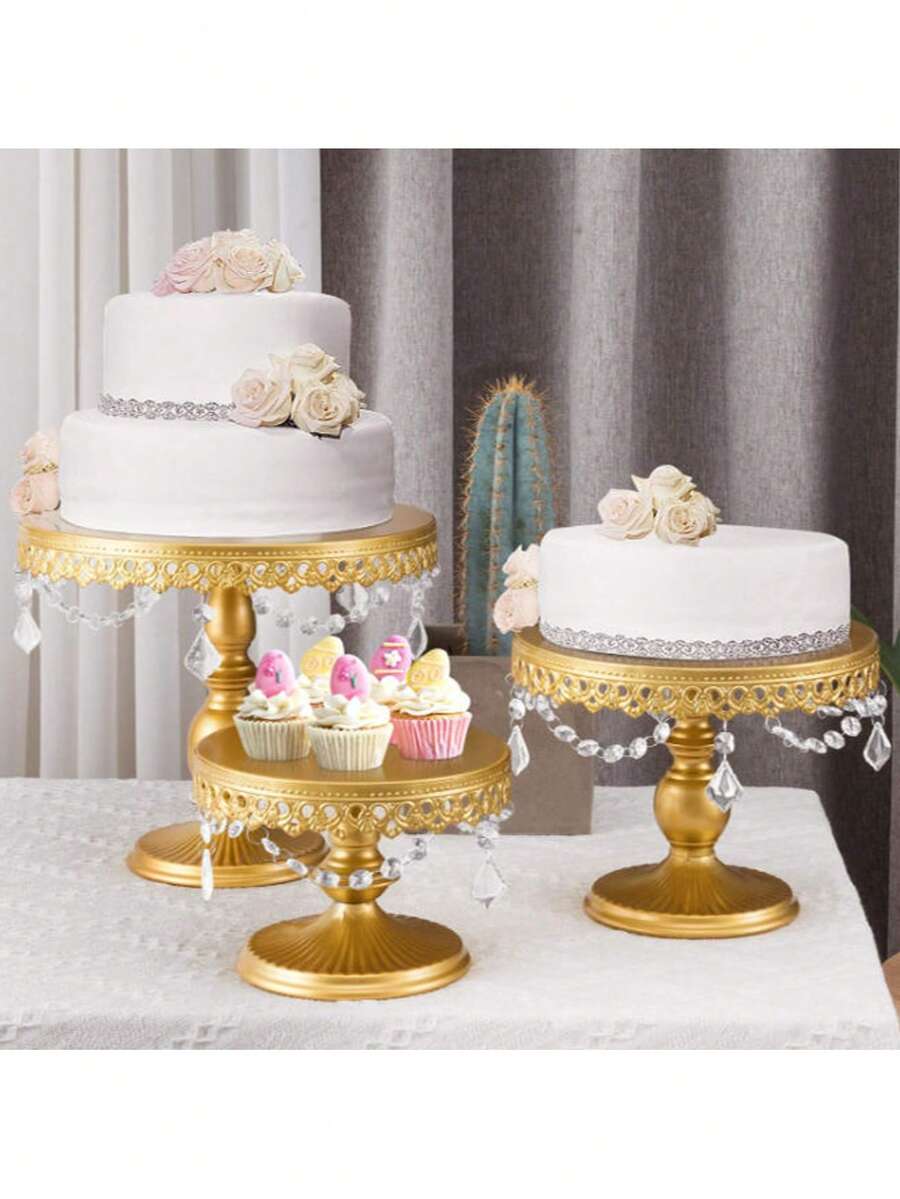 3Pcs Antique Cake Stand Set - Round Metal Cupcake Stands With Pendants And Beads - Elegant Dessert Display, For For Wedding, Birthday Party Decor, Gold/Champagne/Cream White,Holiday Decor,Christmas Gifts - 金色 - 查看 1