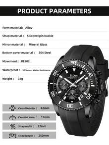 1 Đồng hồ nam BIDEN có vành lặn, chức năng bấm giờ, chống nước, thiết kế phát sáng, dây cao su, lịch ngày dạng kim thể thao thanh lịch - màu đen - Xem 7