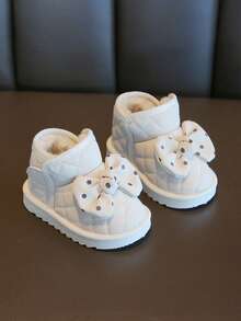 1双幼儿蝴蝶结装饰合成革圆头中帮魔术贴平底可爱婴儿/幼儿靴，适合冬季室内/室外穿着，请根据实际脚长选择尺码 - 米色 - 查看 2