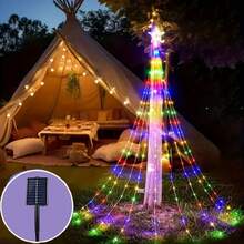 Solar betriebene LED Wasserfall Lichter, Outdoor Netzwerk Rot Stern Lichterkette, Outdoor und Indoor Fairy Lights mit 8 Beleuchtungsmodi, einstellbare Höhe, geeignet für Hof, Party, Hochzeit, Weihnachten, Halloween und Thanksgiving Dekoration