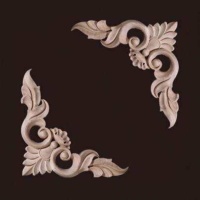 2pcs Unpainted Wooden Carved Inlaid Rectangular Appliques, 8cm/3.14inch Exquisite European Style Relief Pattern, Suitable For Cabinet, Door, Window, Fireplace, Wall Decor, DIY Decoration