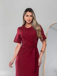 vestido longo de manga curto Com cinto Formal e Noturno V775 - Vinho - Visão 5
