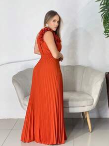 Women's Long Pleated Party Dress, Ruffled Off-The-Shoulder, Wedding, Graduation - Lạc đà - Xem 3
