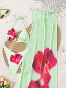 مجموعة من 3 قطع للنساء: بيكيني بطبعة أزهار بتصميم هالتر + تنورة الساروج، إطلالة بوهو للشاطئ والعطلات