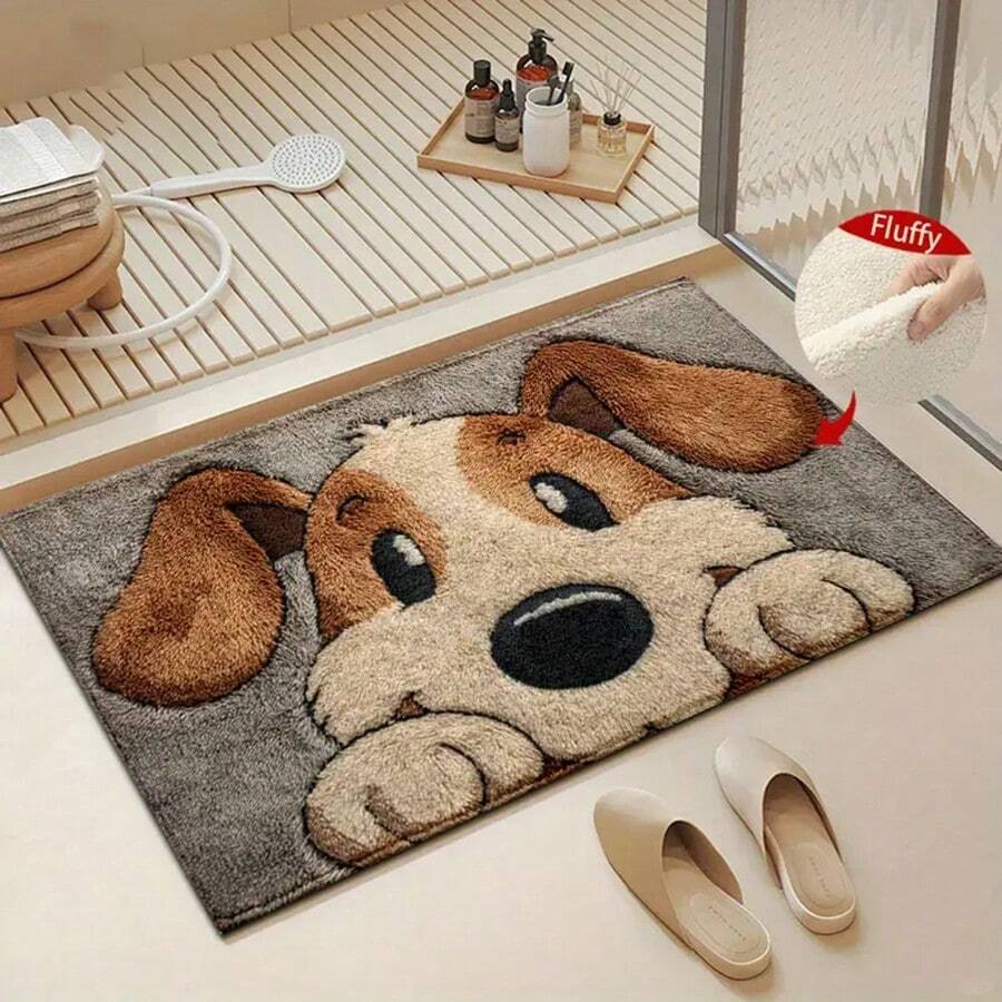 1pc Dog Printed Pattern Design Microfiber Bath Rug, Non-Slip And Super Soft Bathroom Floor Rugs, Doormat, Bathroom Water Absorption Mat, Machine Washable, Low Pile, TPR Backing, Knit Fabric, ForBathroom, Bedroom, Kitchen, Entryway, Indoor & Outdoor Use, Bathroom Accessories & Decor, Perfect New Home Gift. - Multicolor - View 1
