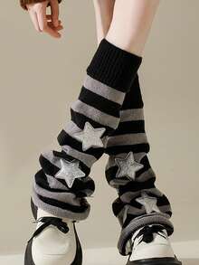 1 Pair Y2K Academy Style Stripe Women's Knitted Leg Cover-Black Long Calf Knitted Set Star Leg Set Hot Girl Piled , Cozy