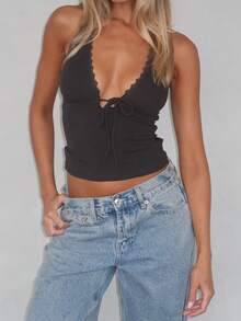 女士时尚V领花卉蕾丝拼接系带吊带背心休闲黑色夏季 - 黑色 - 查看 3