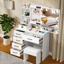 6 Drawers Vanity Set W/ Lighted Sliding Mirror And Stool Bedroom Dressing Table - Perfect For Organizing Makeup, Skincare, Elegant Vanity|Decorative Vanity, Vanity Furniture, Compact For Small Space, Bedroom Decor Gift, Perfect Gift For Women Girls , Gifts Suitable For Christmas And Halloween - 白色 - 查看 2