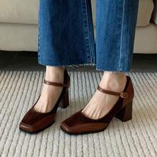 Empalme retro francés de zapatos raros de Mary de boca clara marrones, zapatos de mujer abrochados con tacones altos, zapatos de mujer gruesos, Zapatos de tacón de mujer - Marrón - Ver 2