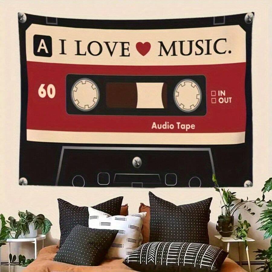 1pc Retro Cassette Tape Tapestry  MusicThemed Wall Art For Bedroom Or Dorm Y2K Aesthetic Polyester Fabric Indoor Decor With "I Love Music" Design Music Room Decor - Nhiều màu - Xem 1